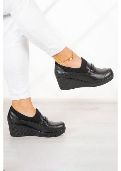 Catherine Siyah Hakiki Dana Derisi Dolgu Topuklu Streç Günlük Ayakkabı