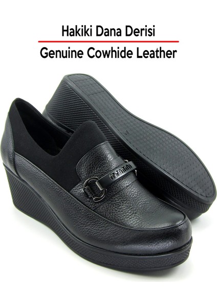 Catherine Siyah Hakiki Dana Derisi Dolgu Topuklu Streç Günlük Ayakkabı fırsatları