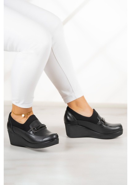 Catherine Siyah Hakiki Dana Derisi Dolgu Topuklu Streç Günlük Ayakkabı indirimleri