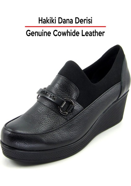 Catherine Siyah Hakiki Dana Derisi Dolgu Topuklu Streç Günlük Ayakkabı