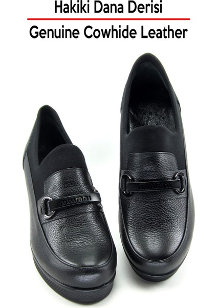 Catherine Siyah Hakiki Dana Derisi Dolgu Topuklu Streç Günlük Ayakkabı