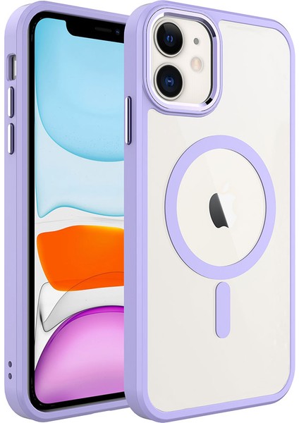 iPhone 11 Uyumlu Wireless Şarj Özellikli Zıvo Krom Magsafe Silikon Kapak-Lila