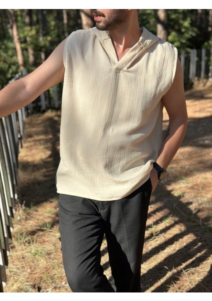 Sıfır Kol Kapüşonlu Yazlık Bej Erkek T-Shirt - 2 Kat Müslin Kumaş