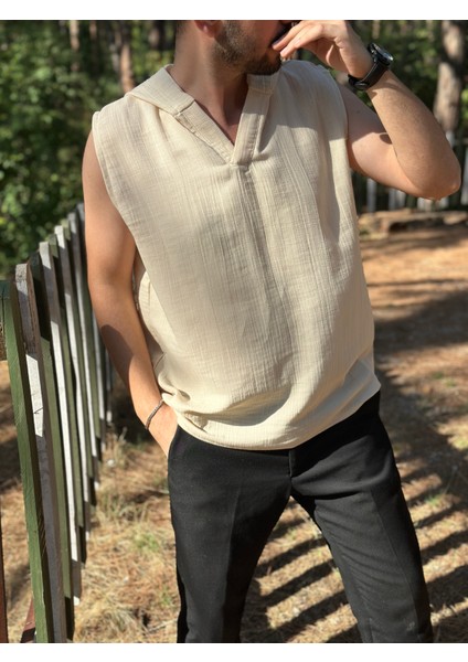 Sıfır Kol Kapüşonlu Yazlık Bej Erkek T-Shirt - 2 Kat Müslin Kumaş fiyatları