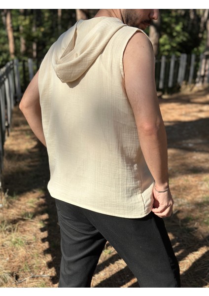 Sıfır Kol Kapüşonlu Yazlık Bej Erkek T-Shirt - 2 Kat Müslin Kumaş modelleri