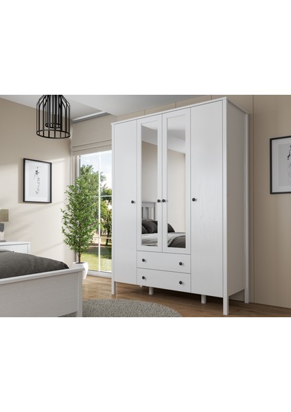 Hunerika Arvena 4 Kapılı Aynalı Gardırop -Wood Beyaz-Minifiks Bağlantılı