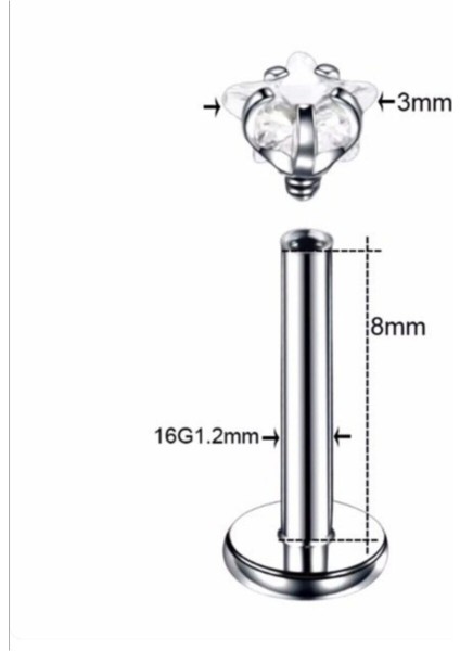 %100 316 L Cerrahi Çelik Yıldız Taşlı Piercing-Taş Çapı 3mm- Bar uzunluğu 8mm-1 Adet