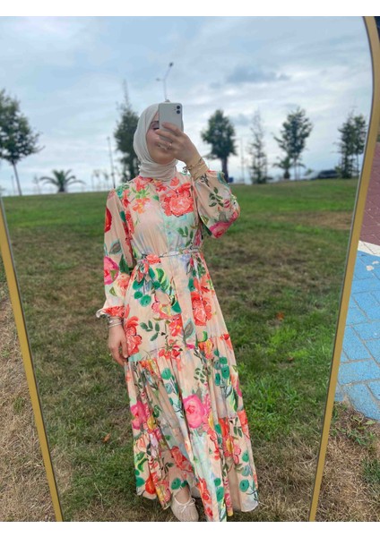 Çiçek Desenli Kuşaklı Bej/oranj Elbise