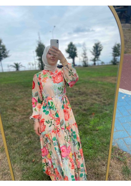 Çiçek Desenli Kuşaklı Bej/oranj Elbise fiyatları