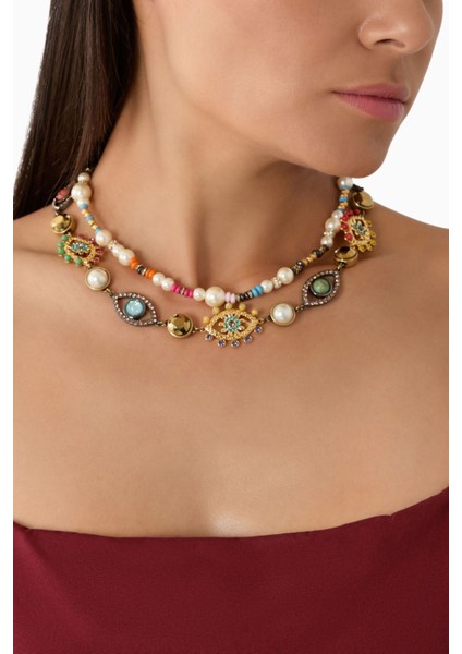 Multi-Strand Eye Necklace, Çok Sıralı Göz Kolye, Incili, Kristalli ve Nazar Boncuklu indirimleri