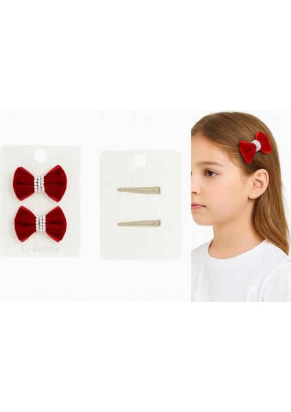 Kırmızı Kadife Fiyonk Saç Tokası – Inci Detaylı 2’li Set