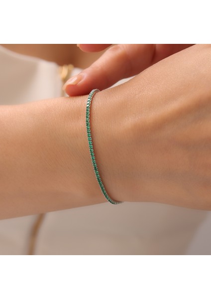 925 Ayar Gümüş Yeşil Renk Zirkon Taşlı Rodyumlu Ayarlanabilir Şık Suyolu Bileklik