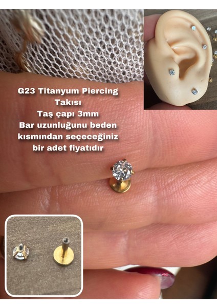 %100 G23 Titanyum Prenses Kesim Tek Taş, Labret Piercing (Taş Çapı 3mm)-1 Adet