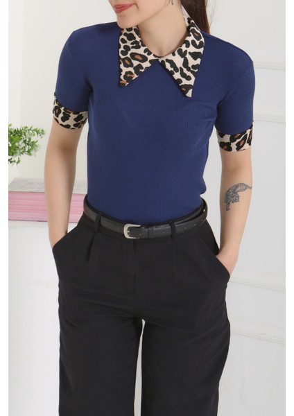 Leopar Yakalı Crop Lacivert - 27136 fiyatları