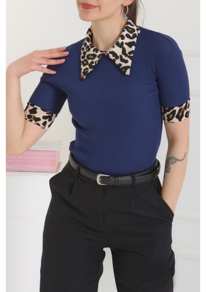 Leopar Yakalı Crop Lacivert - 27136 modelleri