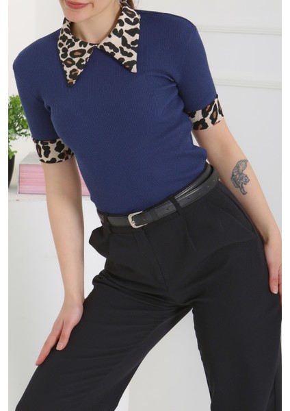 Leopar Yakalı Crop Lacivert - 27136 fırsatları