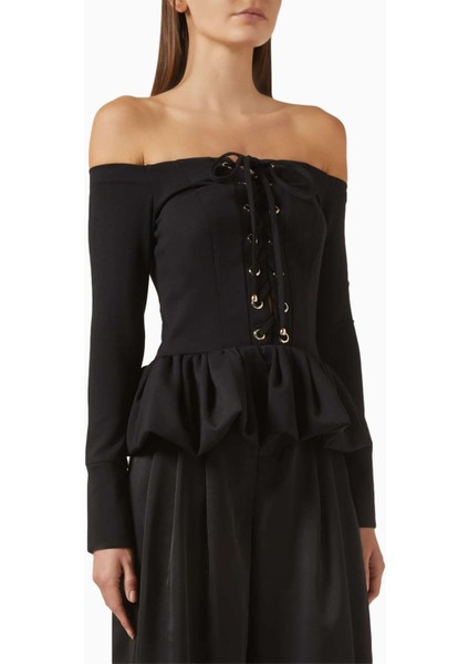 Umi Kumaş Off-Shoulder Peplum Bluz - Siyah, Düğmeli Ön Ayarlanabilir, Şık Tasarım