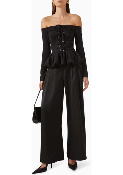 Umi Kumaş Off-Shoulder Peplum Bluz - Siyah, Düğmeli Ön Ayarlanabilir, Şık Tasarım fiyatları