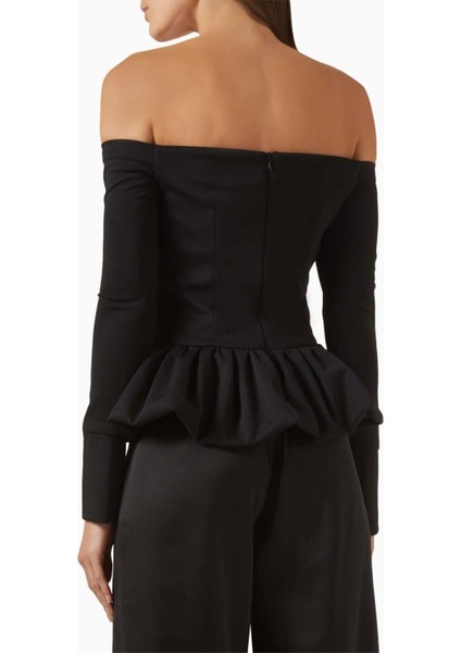 Umi Kumaş Off-Shoulder Peplum Bluz - Siyah, Düğmeli Ön Ayarlanabilir, Şık Tasarım modelleri