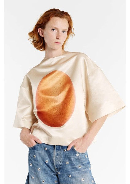 Boiled Egg Şeftali Saten Bluz Sanatsal Desenli, Oversize ve Heykelsi Form fırsatları
