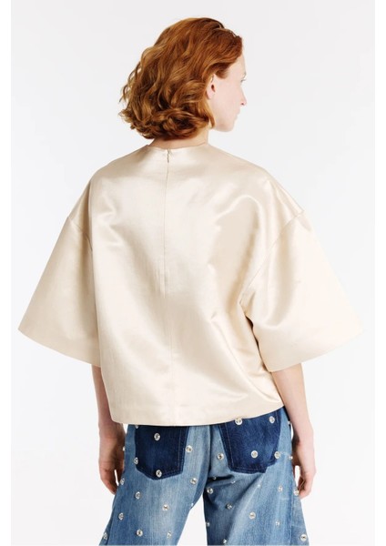 Boiled Egg Şeftali Saten Bluz Sanatsal Desenli, Oversize ve Heykelsi Form indirimleri