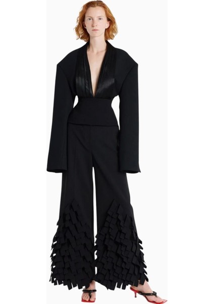 Siyah Cummerbund Yaka Smokin Bluz Heykelsi Yaka ve Bel Vurgulu Şık Form