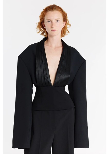 Siyah Cummerbund Yaka Smokin Bluz Heykelsi Yaka ve Bel Vurgulu Şık Form indirimleri