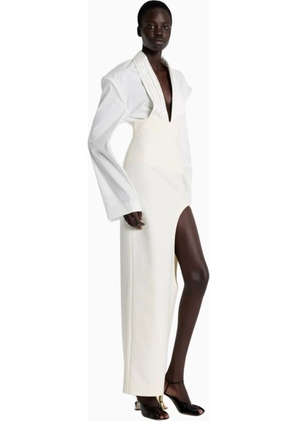 Beyaz Cummerbund Yaka Smokin Bluz Bel Oturtmalı, Heykelsi ve Modern Tasarım