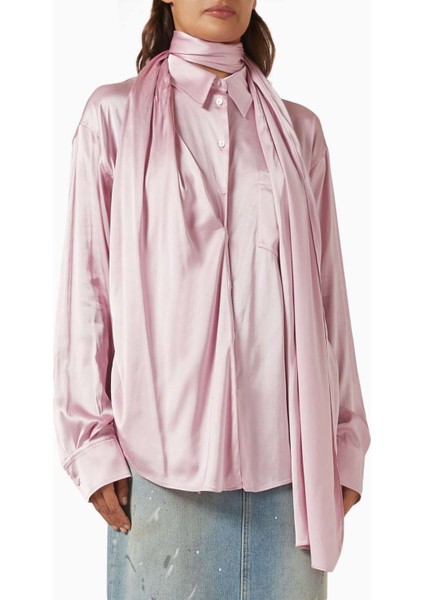 Saten Bluz - Pembe - %97 Viskon %3 Elastan - Şal Detaylı - Butonlu - Rahat Kesim