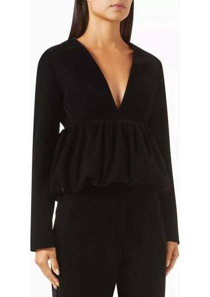 Peplum Top, Kadife V Yaka Kadın Üst, Siyah