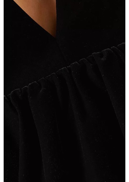 Peplum Top, Kadife V Yaka Kadın Üst, Siyah fırsatları