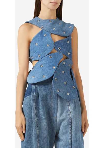 Upcycled Denim Stud-Embellished Island Top, Mavi