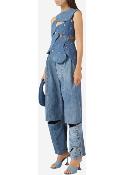 Upcycled Denim Stud-Embellished Island Top, Mavi fiyatları
