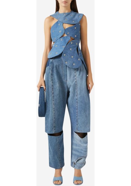 Upcycled Denim Stud-Embellished Island Top, Mavi modelleri