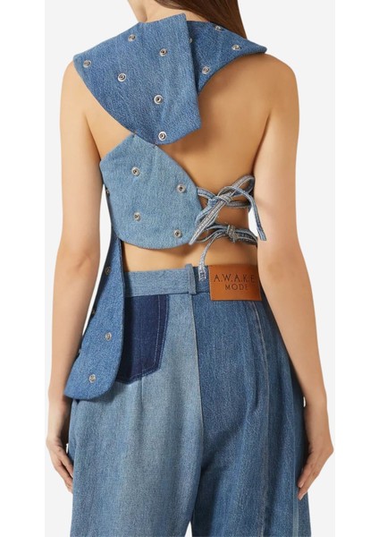 Upcycled Denim Stud-Embellished Island Top, Mavi fırsatları