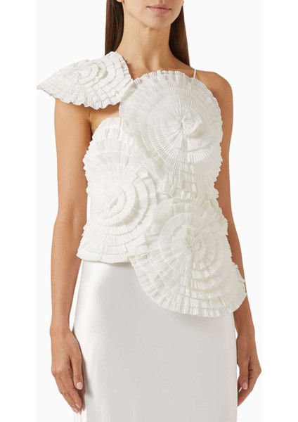 Beyaz Trusley Rosette Top - Organza Gül Detaylı - %100 Polyester Astarlı Krep Üst