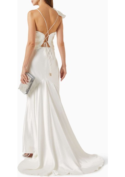 Beyaz Trusley Rosette Top - Organza Gül Detaylı - %100 Polyester Astarlı Krep Üst fiyatları