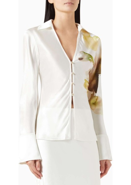 Saten Gömlek - Beyaz - %76 Asetat, %24 Polyester - Çiçek Desenli, Derin Yaka, Butonlu