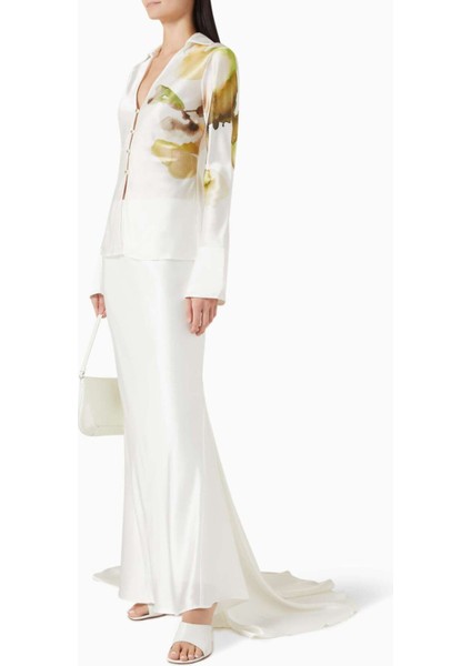 Saten Gömlek - Beyaz - %76 Asetat, %24 Polyester - Çiçek Desenli, Derin Yaka, Butonlu fiyatları