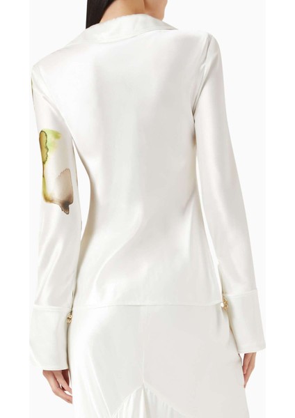 Saten Gömlek - Beyaz - %76 Asetat, %24 Polyester - Çiçek Desenli, Derin Yaka, Butonlu modelleri