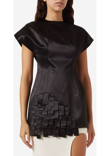 Rectangle Fringe Saten Top, Siyah