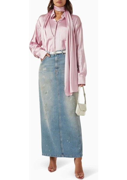 Saten Bluz - Pembe - %97 Viskon %3 Elastan - Şal Detaylı - Butonlu - Rahat Kesim fiyatları