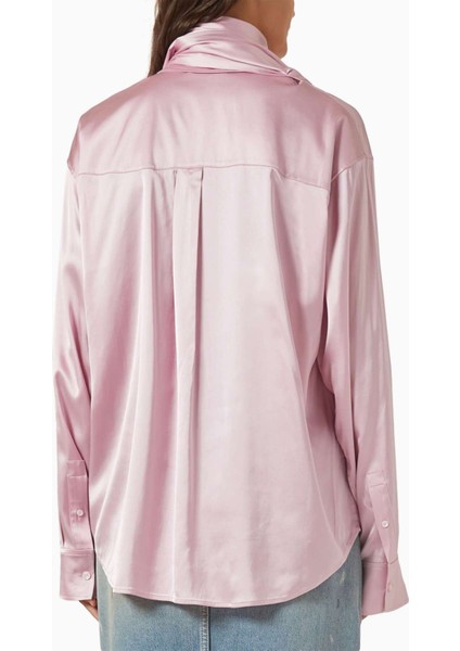 Saten Bluz - Pembe - %97 Viskon %3 Elastan - Şal Detaylı - Butonlu - Rahat Kesim modelleri