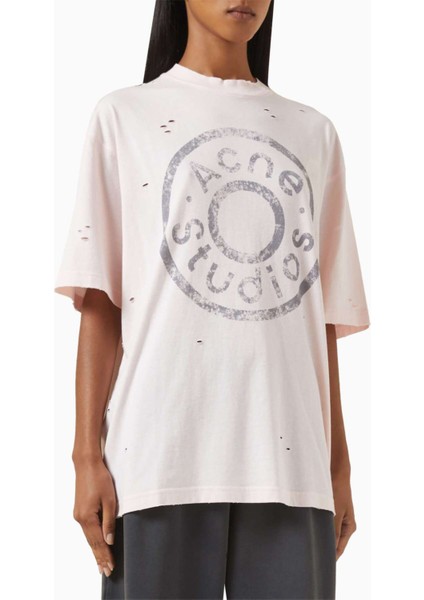 Distressed Logo Tişört - Pembe - %75 Organik Pamuk %25 Polyester - Rahat Kesim