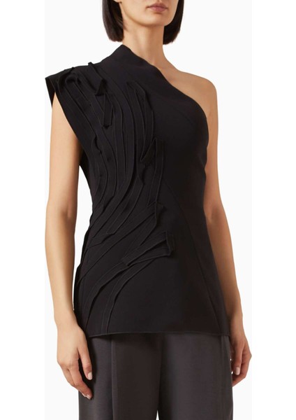 Siyah Grovehill Tek Omuzlu Üst - Asimetrik Yaka - %100 Polyester Kumaş