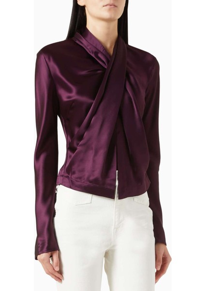 Koyu Mor Satin Bluz - Drapeli Ön - 76% Asetat, 24% Polyester - Şık ve Rahat
