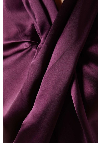 Koyu Mor Satin Bluz - Drapeli Ön - 76% Asetat, 24% Polyester - Şık ve Rahat fırsatları