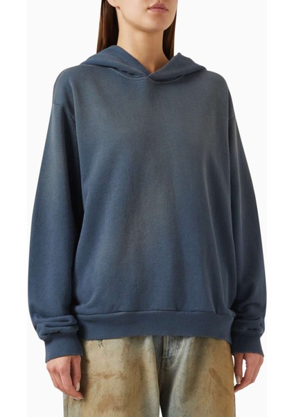 Unisex Logo Baskılı Kapüşonlu Sweatshirt - Vintage Mavi - %89 Pamuk, %11 Polyester