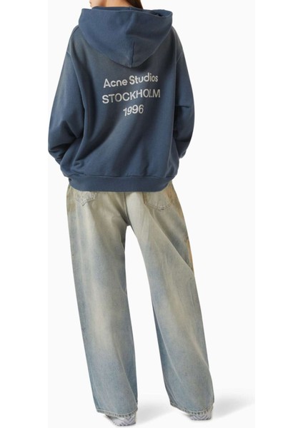 Unisex Logo Baskılı Kapüşonlu Sweatshirt - Vintage Mavi - %89 Pamuk, %11 Polyester fiyatları