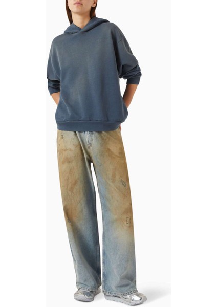 Unisex Logo Baskılı Kapüşonlu Sweatshirt - Vintage Mavi - %89 Pamuk, %11 Polyester modelleri